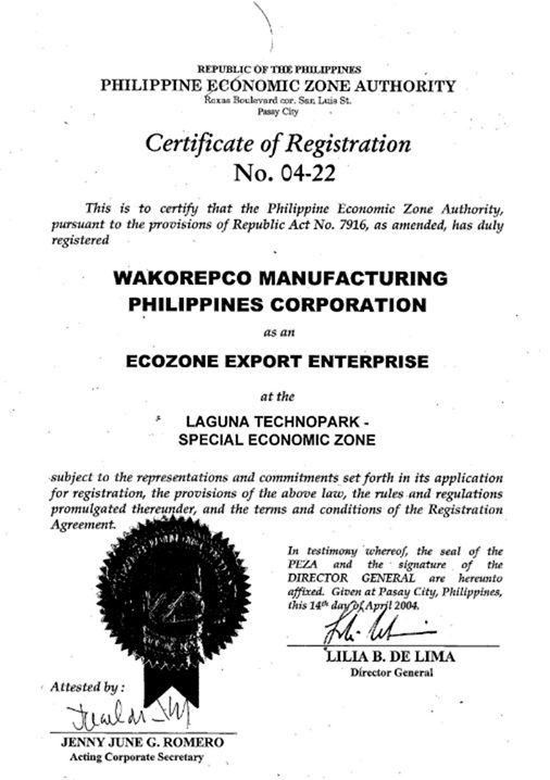 PEZA Certificate of Registration